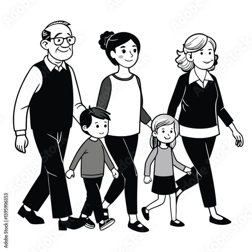 Monochrome of MultiGenerational Family Walking Together, Holding Hands