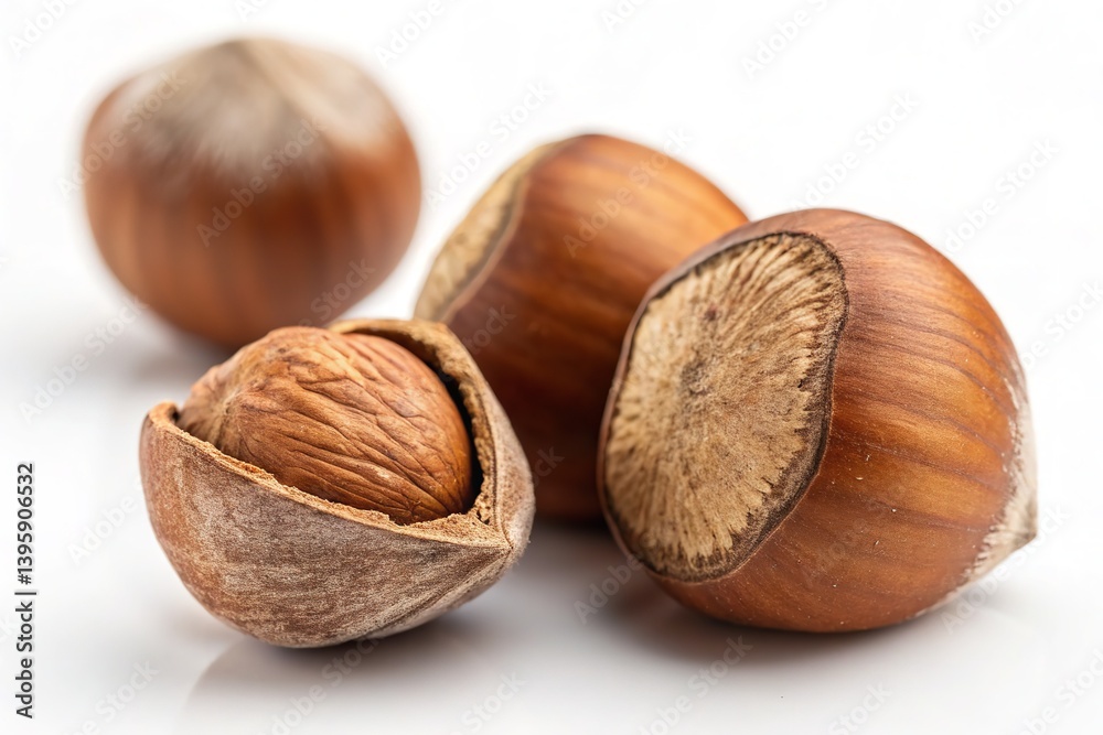 Close-up of several ripe hazelnuts, some shelled, on a clean, white background. Close-up of several ripe hazelnuts, some shelled, on a clean, white background.