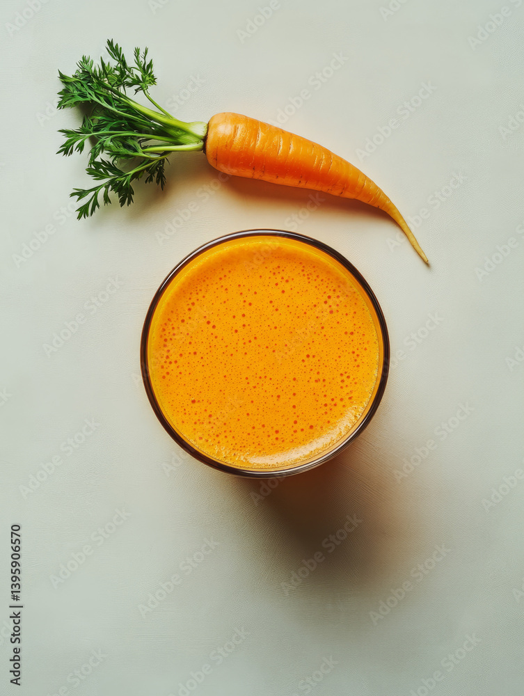 Fresh carrot juice with a whole carrot on a light background.