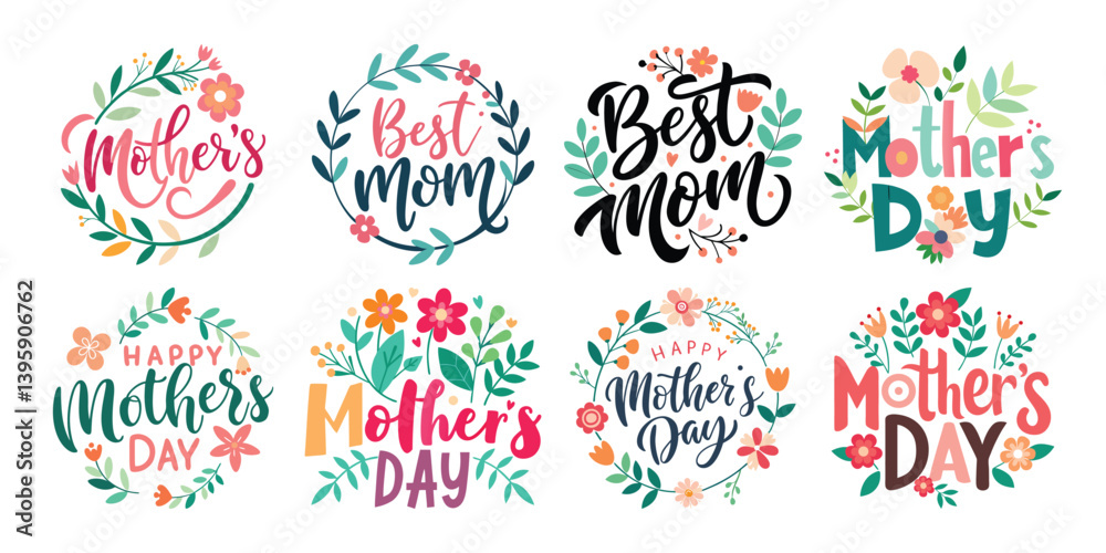 Fototapeta premium Happy Mothers Day Calligraphy Text Set Vector Illustration with Floral Decoration 