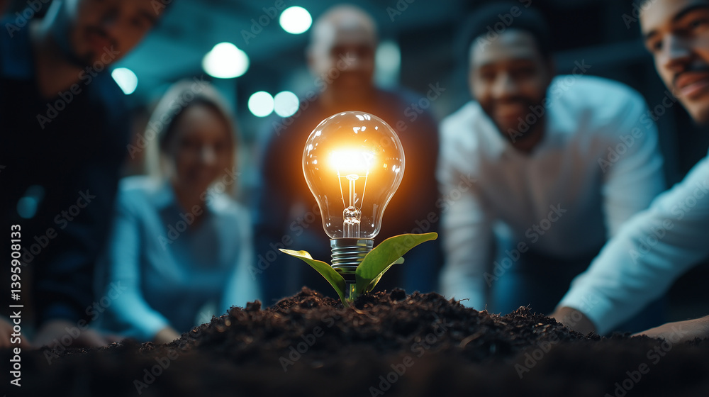 A startup team revels in the recognition of their eco-friendly practices, surrounding a glowing lightbulb planted in soil. The lightbulb symbolizes the fruitful growth of their inn