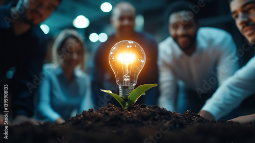 Obraz na płótnie A startup team revels in the recognition of their eco-friendly practices, surrounding a glowing lightbulb planted in soil. The lightbulb symbolizes the fruitful growth of their inn w salonie