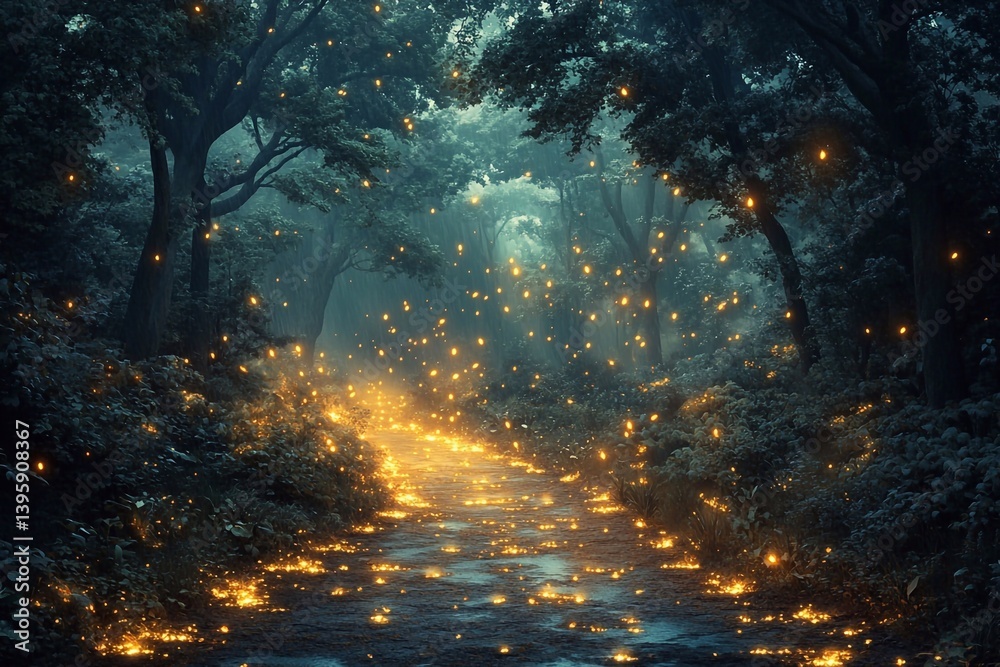 Naklejka premium Forest An ancient forest shrouded in thick fog. Among the large trees, small golden lights glow - these are fireflies floating freely in the air.