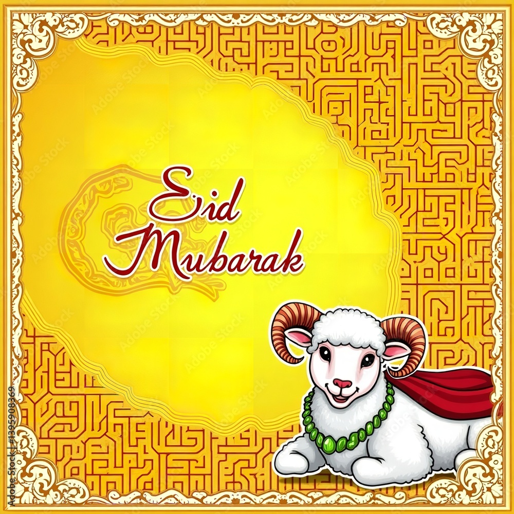 Eid Mubarak celebration with adorable cartoon ram vibrant yellow gold ornate frame joyful festive