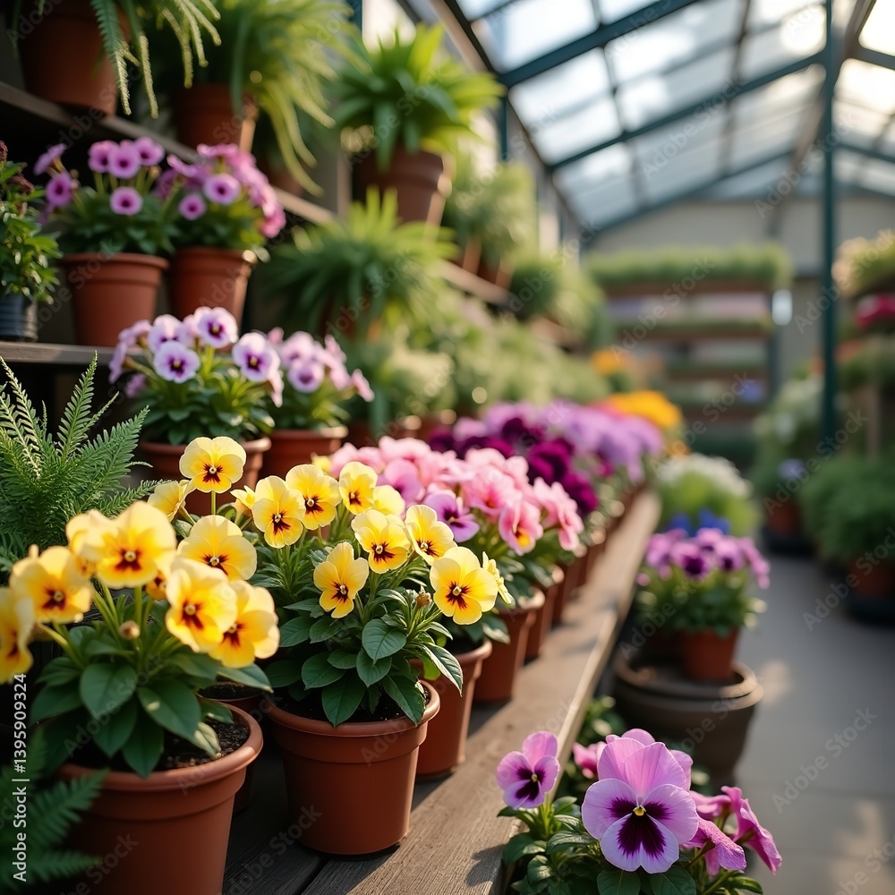 Vibrant pansies bloom in a sunlit greenhouse showcasing diverse colors and healthy growth in