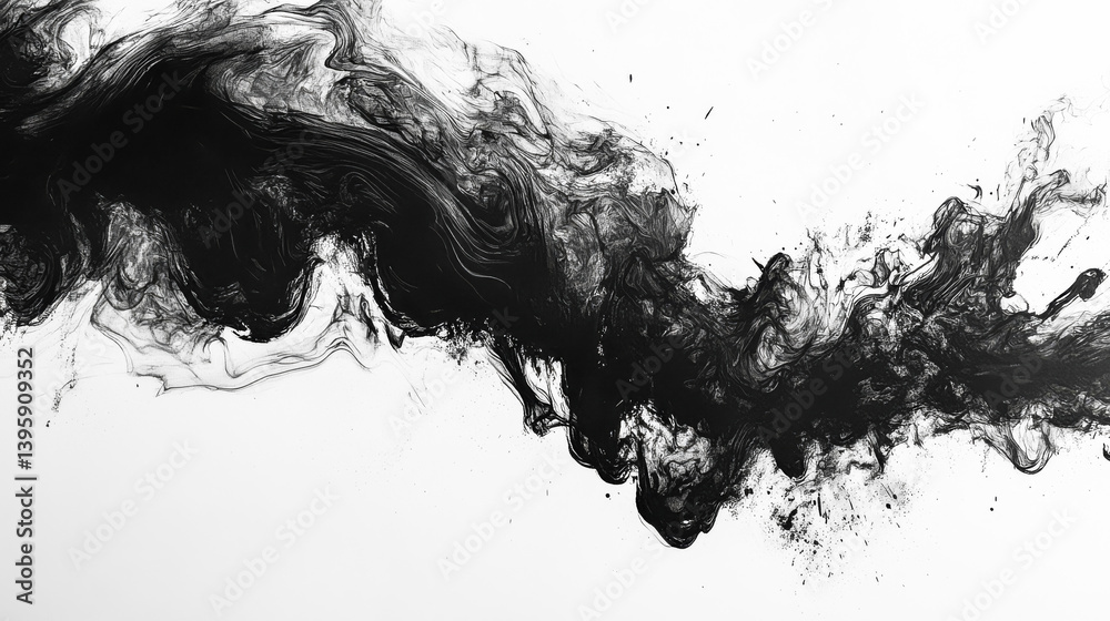 Abstract shape Ink splatter. Smoke black and white colors watercolor and ink cloud blot on white background