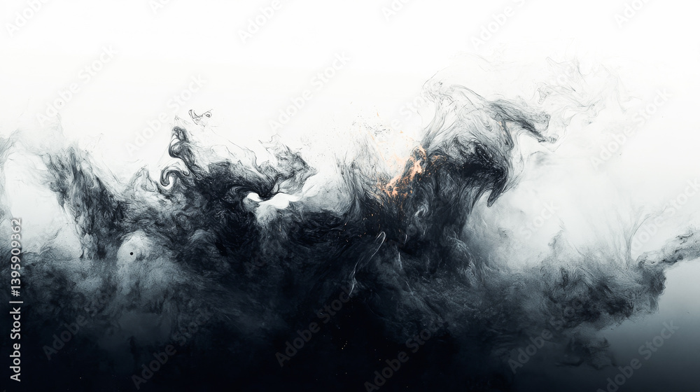Abstract shape Ink splatter. Smoke black and white colors watercolor and ink cloud blot on white background