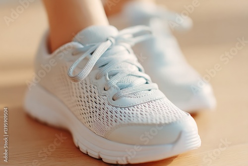 close-up of hands lacing sneakers on wooden floor minimalistic style offering clean image and abundant copy space
