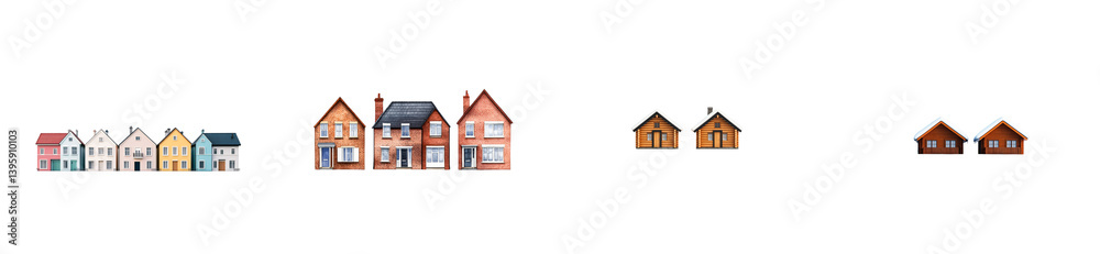 Variety of home styles, isolated houses collection, cut out transparent Variety of home styles, isolated houses collection, cut out transparent