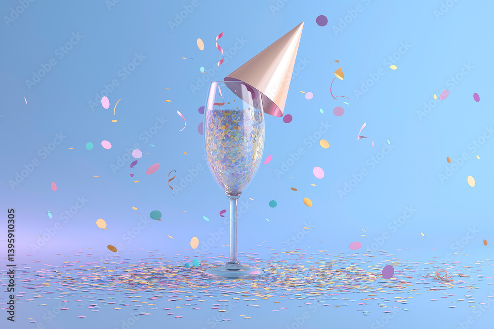 3d render of tilted champagne glass with confetti and party hat on pastel blue background