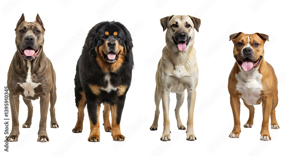 Four dogs standing together different breeds on white background Four dogs standing together different breeds on white background