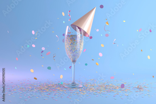 Obraz na płótnie 3d render of tilted champagne glass with confetti and party hat on pastel blue background w salonie