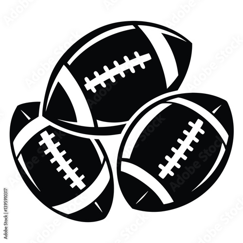 Stacked Footballs Silhouette American Sports, Game Day, Team Spirit, Black and White