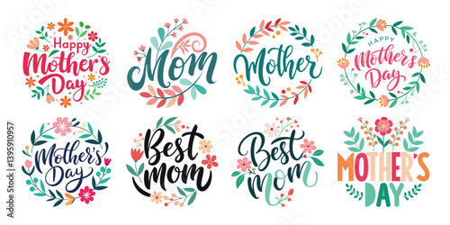 Happy Mothers Day Calligraphy Text Set Vector Illustration with Floral Decoration  