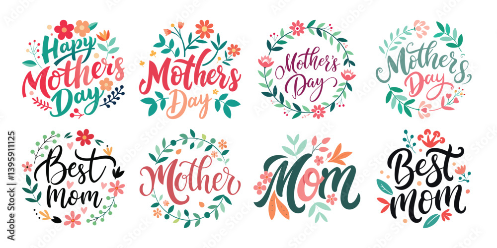 Happy Mothers Day Calligraphy Text Set Vector Illustration with Floral Decoration Happy Mothers Day Calligraphy Text Set Vector Illustration with Floral Decoration