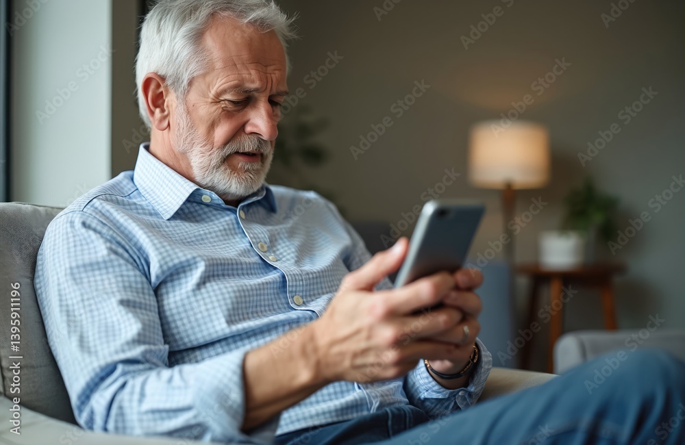 Senior man experiencing stress frustration using smartphone at home. Elderly guy holding mobile phone, looking at screen with unhappy facial expression. Problem with tech communication. Modern tech Senior man experiencing stress frustration using smartphone at home. Elderly guy holding mobile phone, looking at screen with unhappy facial expression. Problem with tech communication. Modern tech