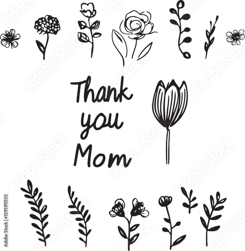 set of doodle sketch that say thank you mom