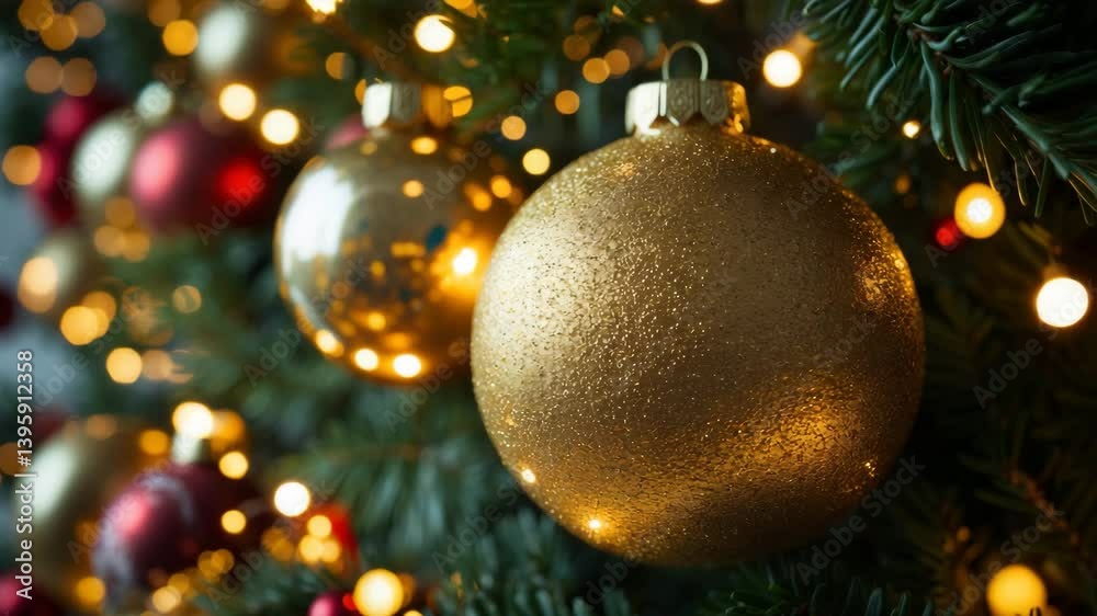 Close-up of golden ornaments reflecting sparkling lights, creating a magical and cozy ambiance. Their smooth surfaces echo the glow of nearby garlands. Close-up of golden ornaments reflecting sparkling lights, creating a magical and cozy ambiance. Their smooth surfaces echo the glow of nearby garlands.