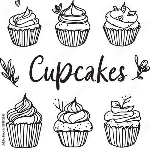 set of doodle sketch of cupcakes