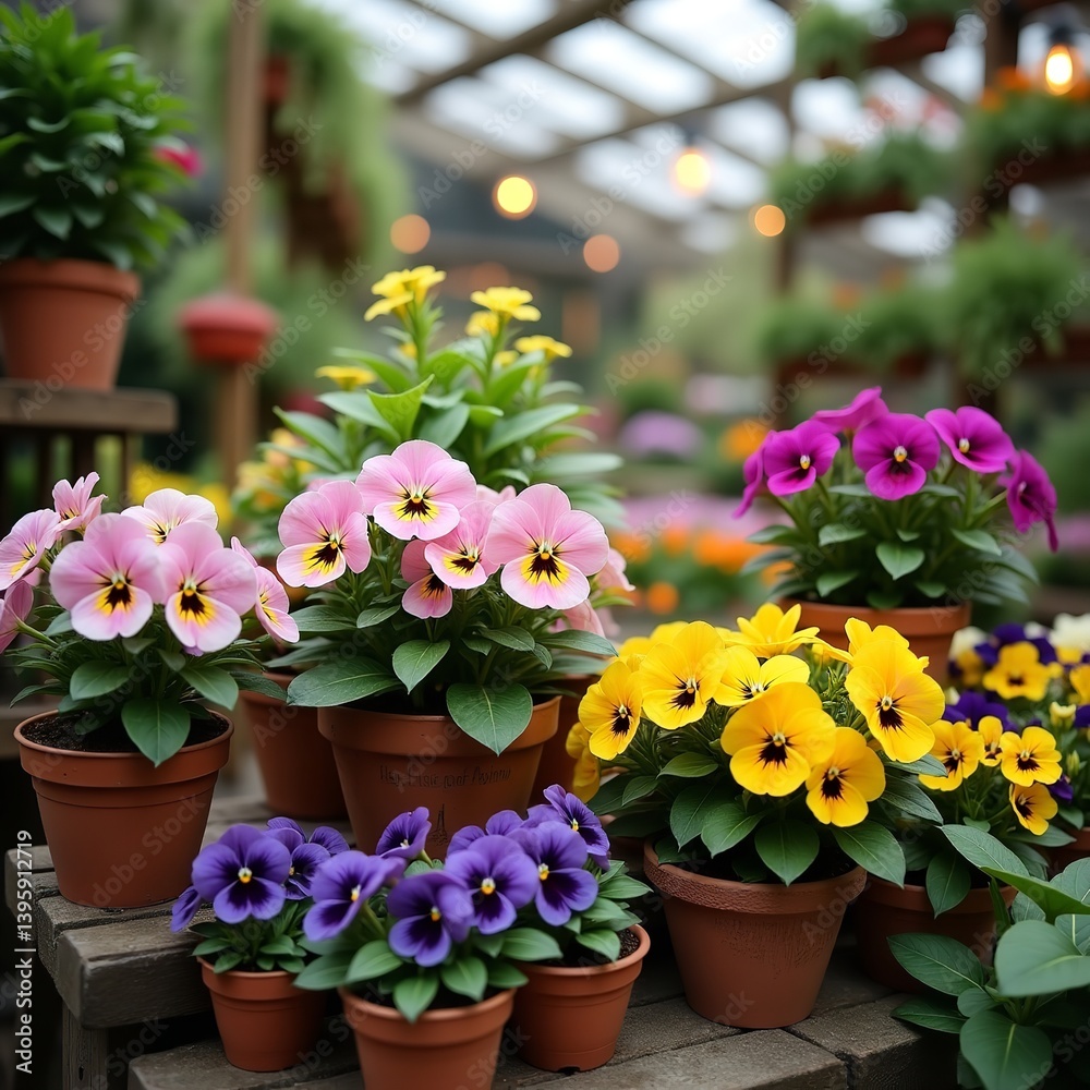 Vibrant pansies bloom in a sunlit greenhouse showcasing pink yellow purple varieties Soft natural