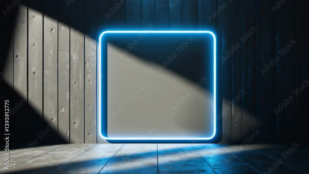 Dark wooden wall background, blue neon lighting, and rectangular shape featuring a horizontal sign.