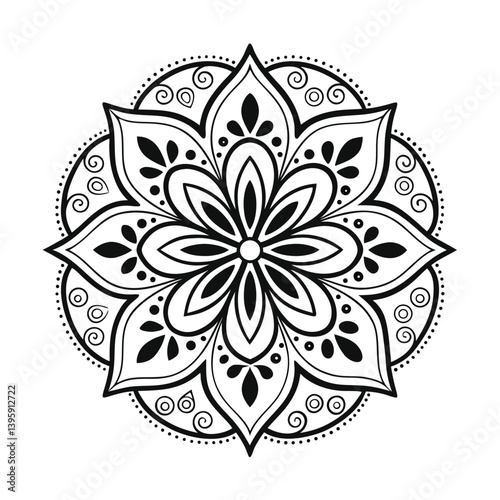 Black complex doodle mandala on a transparent background, for printable coloring.