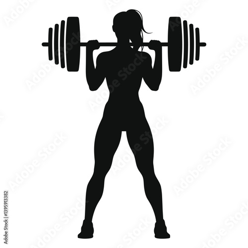 Powerful female weightlifter silhouette against a neutral background./A bold silhouette of a woman performing a weightlifting exercise, likely a barbell squat or overhead press.