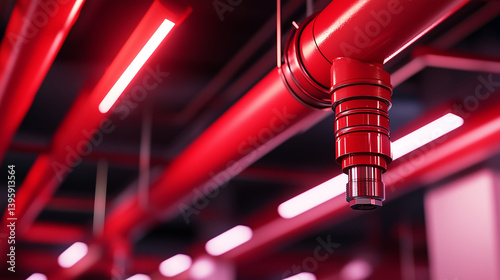 Red fire sprinkler system in an open-plan office ceiling, highlighting chrome nozzle and water lines. A clean and modern depiction of firefighting readiness.