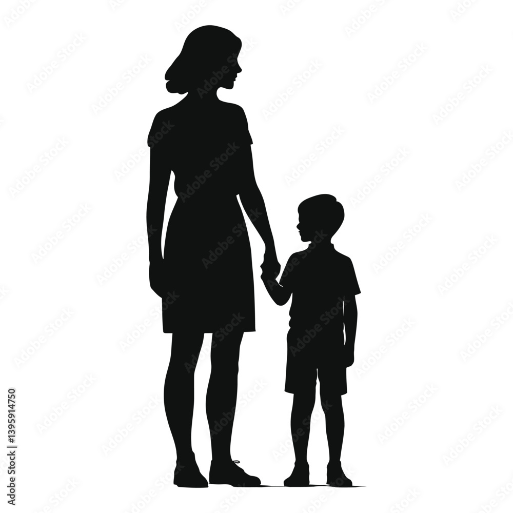 Silhouette of Mother and Son Holding Hands/A simple, impactful silhouette of a mother and son standing close together, holding hands. Silhouette of Mother and Son Holding Hands/A simple, impactful silhouette of a mother and son standing close together, holding hands.
