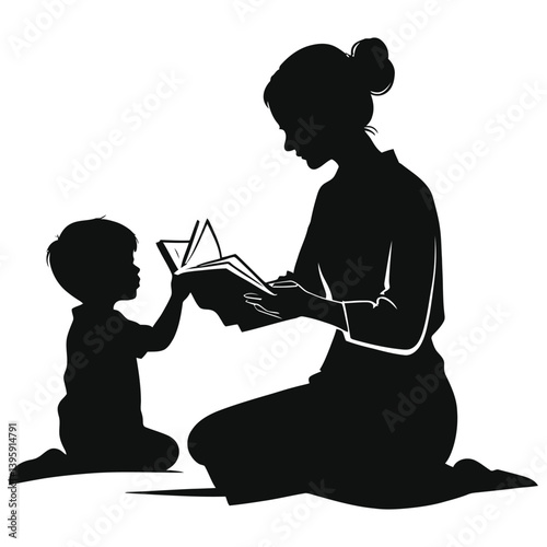 Mother and Child Silhouettes Reading a Book/A heartwarming silhouette image of a mother and child reading together.