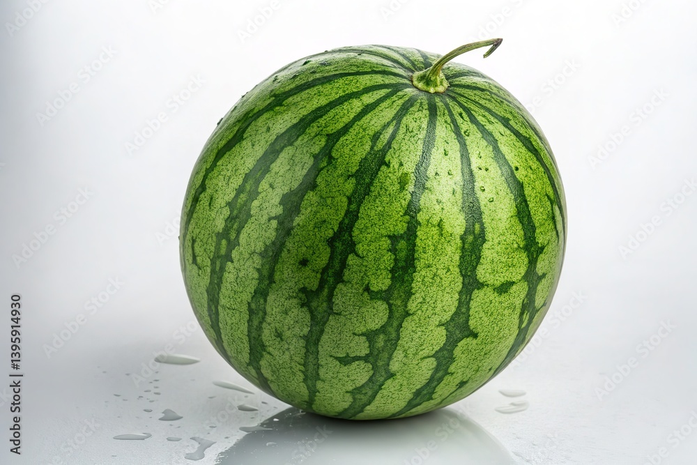 a perfectly ripe watermelon showcases its vibrant green rind on a clean white backdrop. a perfectly ripe watermelon showcases its vibrant green rind on a clean white backdrop.