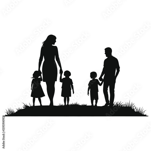 Silhouette of a happy family walking in nature/A simple, elegant silhouette of a family of four, a mother, father, and two children, walking hand-in-hand.