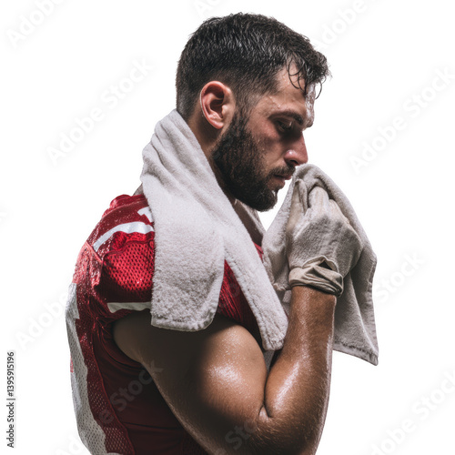American football player wiping sweat with towel during game sports field action shot close-up perspective