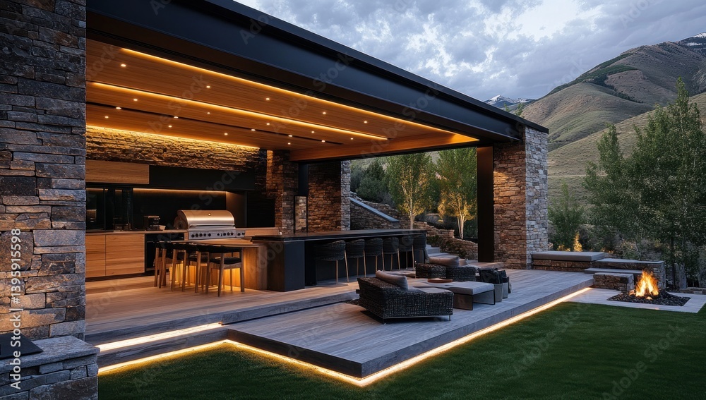 Fototapeta premium Luxury Outdoor Kitchen with Mountain View