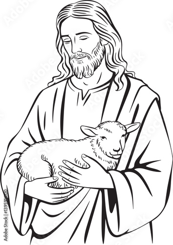 Black and white line art of jesus christ holding a lamb symbolizing peace, compassion, and divine care, perfect for religious prints, spiritual coloring books, and christian themed artwork