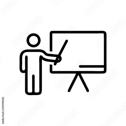  School teacher actively pointing at blank blackboard for lesson against blank background with copy space