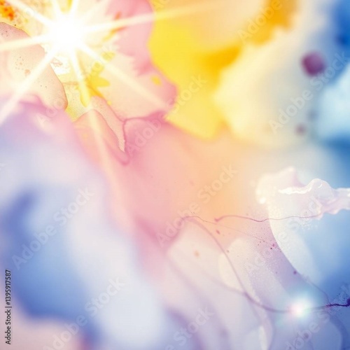 A vibrant watercolor painting, extreme macro close-up, focusing on translucent washes and fluid brushstrokes. Bright lens flares and illustrious light streaks create a sense of luminosity.