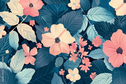 Blooming flowers and leaves background, with a mix of detailed and minimalist elements, in a harmonious color palette.