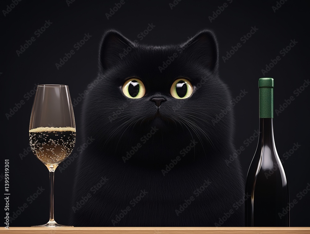 Enchanted black cat with big yellow eyes watches champagne glass next to closed bottle on dark background, expressing curiosity and anticipation of celebration