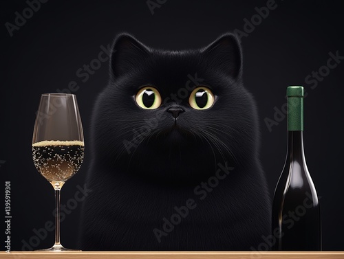 Obraz na płótnie Enchanted black cat with big yellow eyes watches champagne glass next to closed bottle on dark background, expressing curiosity and anticipation of celebration w salonie