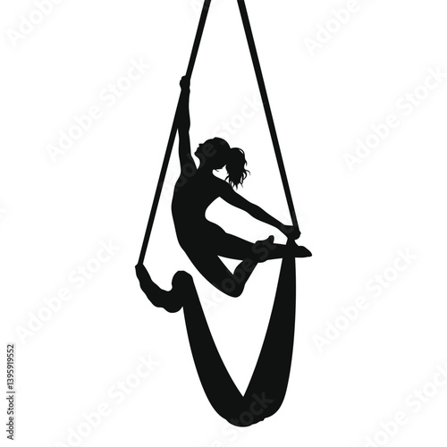 Graceful Aerialist Silhouetted in Aerial Silk/A striking silhouette of a woman performing an aerial silk routine.