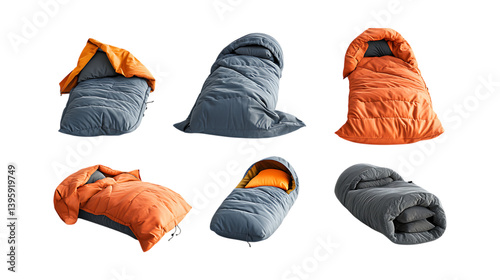 Pack Sleeping Bag Set in Different Poses Against Transparent Background for Camping, Outdoor Gear, or Travel Equipment Design