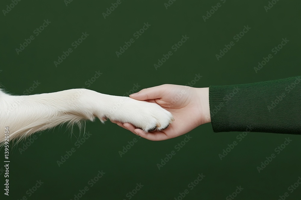 Friendship and trust: human hand gently holds white dog paw on solid dark green background, symbolizing bond between human and animal