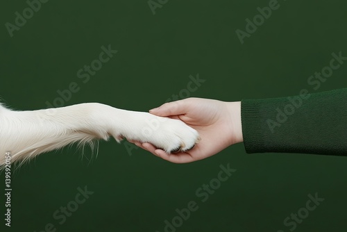 Obraz na płótnie Friendship and trust: human hand gently holds white dog paw on solid dark green background, symbolizing bond between human and animal w salonie
