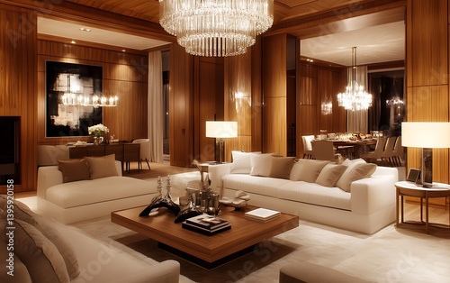 A modern living room with white sofa, wooden wall panels and coffee table, large chandelier hanging from the ceiling, dining area in background, light-colored floor, natural lighting
