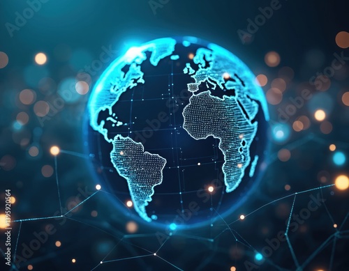 Abstract tech background digital earth globe with connecting lines, spheres, dots. Futuristic, cyberspace, networking blockchain technology concept, digital marketing, global connection, data