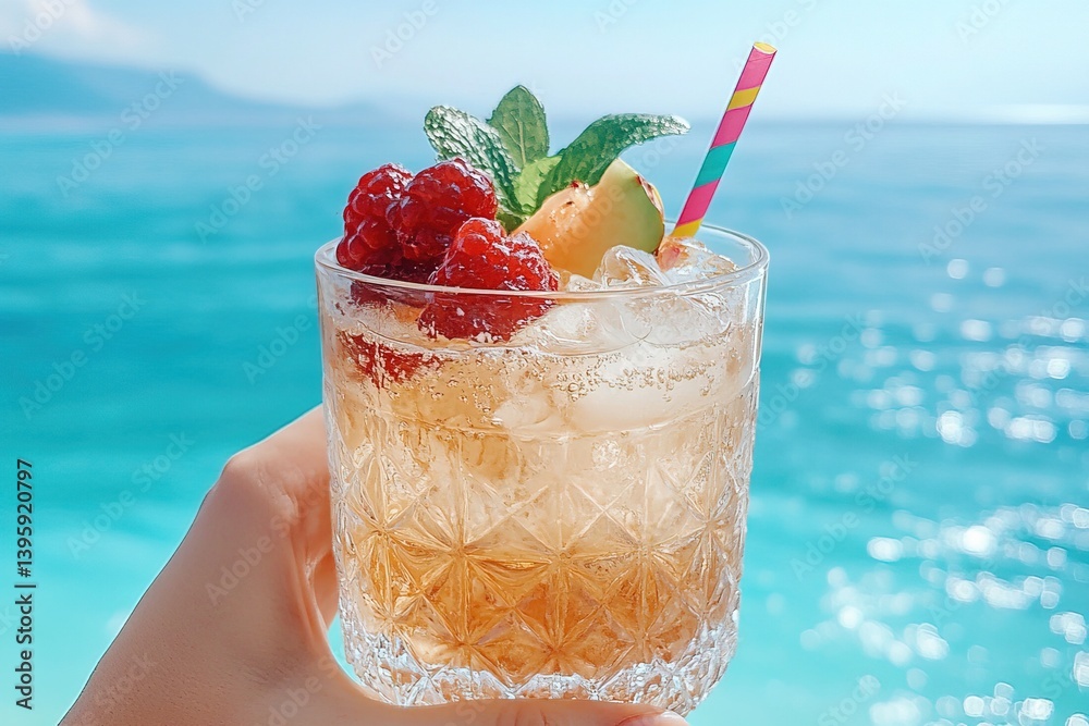 Refreshing summer cocktail with ice, fruits and blue straw in female hand against backdrop of crystal clear tropical ocean and blue sky with white clouds