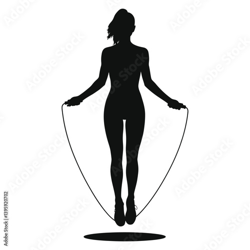 Woman jumping rope, silhouette design for fitness concept/A dynamic silhouette of a woman jumping rope against a plain light gray background.