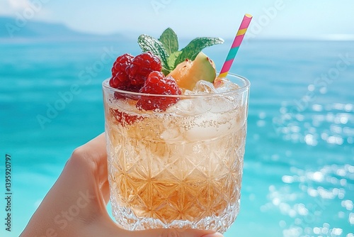 Obraz na płótnie Refreshing summer cocktail with ice, fruits and blue straw in female hand against backdrop of crystal clear tropical ocean and blue sky with white clouds w salonie
