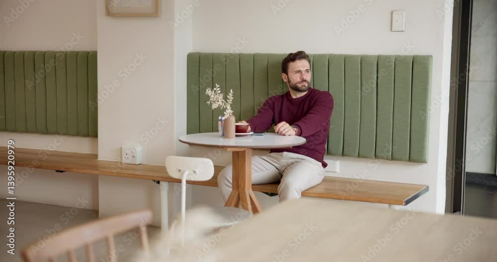 Man, check time and phone at cafe with worry for meeting, thinking and waiting for client with coffee cup. Person, smartphone and freelance business consultant with app for schedule at restaurant Man, check time and phone at cafe with worry for meeting, thinking and waiting for client with coffee cup. Person, smartphone and freelance business consultant with app for schedule at restaurant